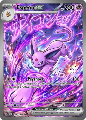 Espeon surges through streaks of violet and pink psychic energy.