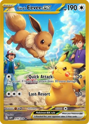 Eevee bounds towards Pikachu while Gary and Ash appear on opposite sides of a sunny scene.