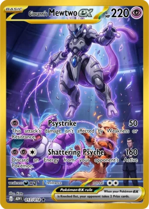 An armoured Mewtwo hovers inside a dark technological chamber amid purple energy.