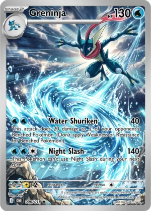 Greninja sweeps above a curling wave in a stormy, blue-toned scene.