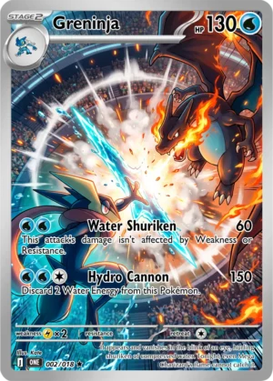 Greninja and Mega Charizard X meet in an explosive clash of turquoise water and orange fire.