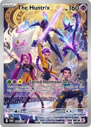 The HUNTR/X trio gathers with their Pokémon companions beneath luminous circular symbols.