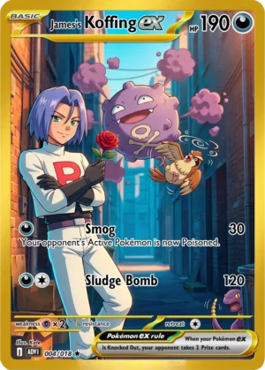 James holds a red rose beside a smiling Koffing, surrounded by curls of purple smog.