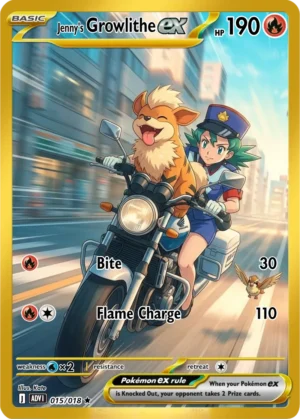 Officer Jenny rides through a city street with Growlithe at the front of her motorcycle.