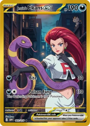Jessie poses with Ekans in a shadowy alley lined with fire escapes.