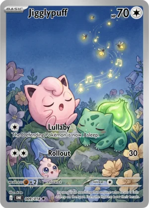 Jigglypuff sings beside a sleeping Bulbasaur as glowing musical notes drift through a blue night sky.