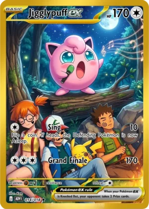 Jigglypuff sings from a branch beneath the moon while the travelling companions sleep below.