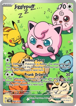 An indignant Jigglypuff takes centre stage with a microphone while sleepy Pokémon fill the bright green background.