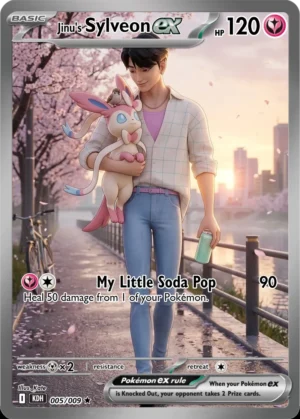 Jinu holds Sylveon beneath pink blossom beside a softly lit city waterfront.