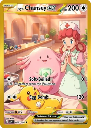 Nurse Joy stands beside Chansey in a warmly lit Pokémon Centre, with Pikachu resting in the foreground.