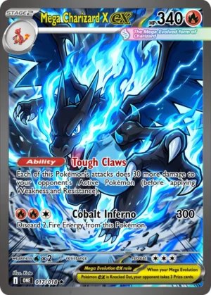Mega Charizard X fills the artwork with blue fire, black armour-like shapes and sharp streaks of light.