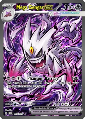 A white Mega Gengar emerges through swirling violet energy with an outstretched claw and a wide grin.