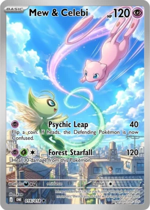 Mew and Celebi arc above town rooftops beneath a bright blue sky.