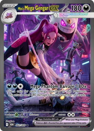 Mira and a pale Mega Gengar dominate a violet-lit city scene with bold, forward-moving poses.