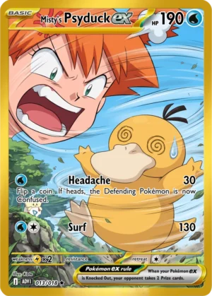 Misty reacts in exasperation as Psyduck grips its head in the foreground.