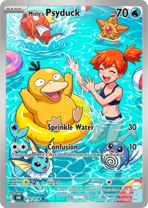 Psyduck and Misty splash in a bright turquoise pool surrounded by other Pokémon.