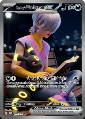 Mystery Saja reads with Umbreon tucked close against a dark, softly lit background.