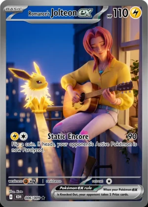 Romance Saja plays an acoustic guitar beside Jolteon near an open window after dark.