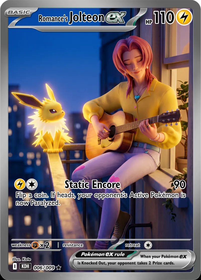 Romance Saja plays an acoustic guitar beside Jolteon near an open window after dark.
