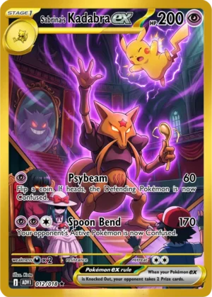 Kadabra raises a spoon amid violet psychic energy while other Pokémon appear around the dark chamber.