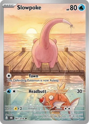 Slowpoke fishes from a wooden jetty as the sun sets over the water, with Magikarp just beneath the surface.