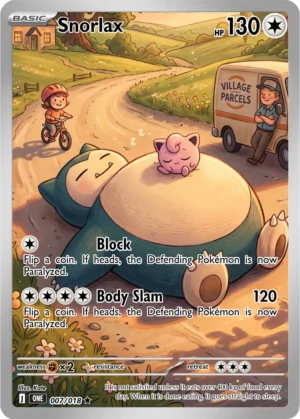 Snorlax blocks a sunny country road while Jigglypuff rests on its belly and a cyclist waits nearby.
