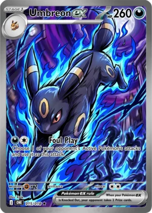Umbreon lunges through electric-blue flames against a dark violet background.