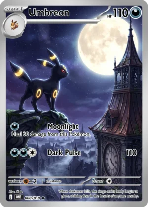 Umbreon stands above dark rooftops beneath a luminous full moon.